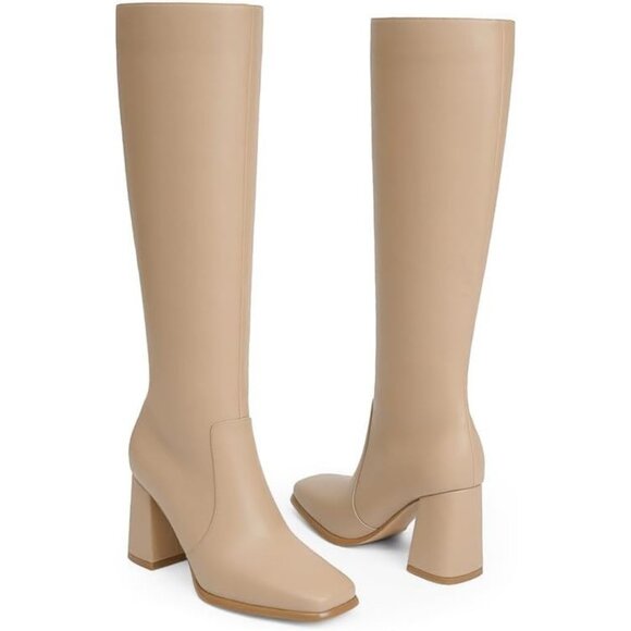 Women's Nude suede Modatope Knee Toe Side Zipper High Heel Square Long boots - Picture 3 of 8